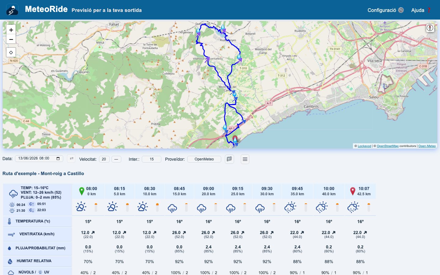 MeteoRide en un portàtil: una ruta al mapa i la taula del temps de cada tram