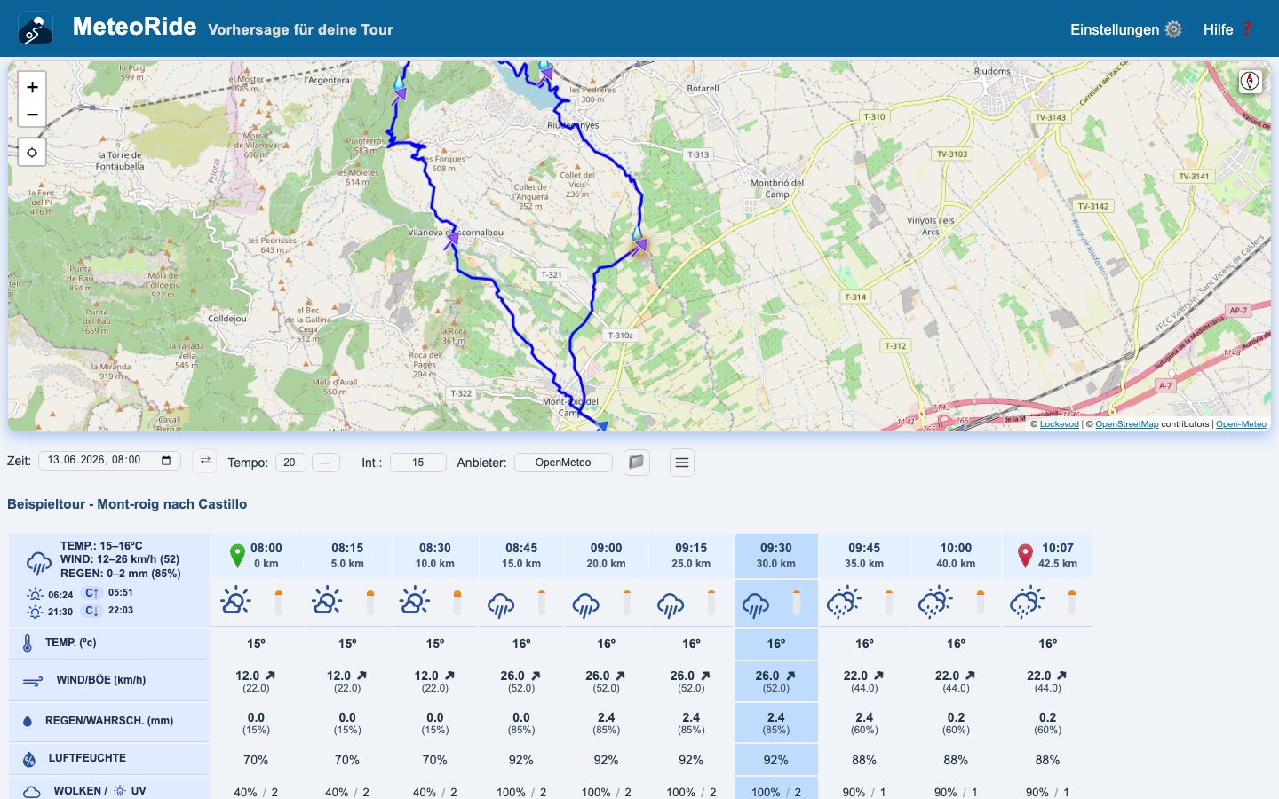Die Routenkarte mit dem Wetter auf einem Laptop
