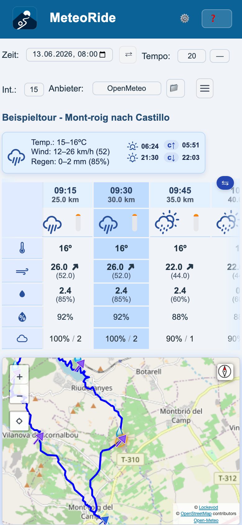 Die Routenkarte auf einem Smartphone, mit Windpfeilen und Regentropfen