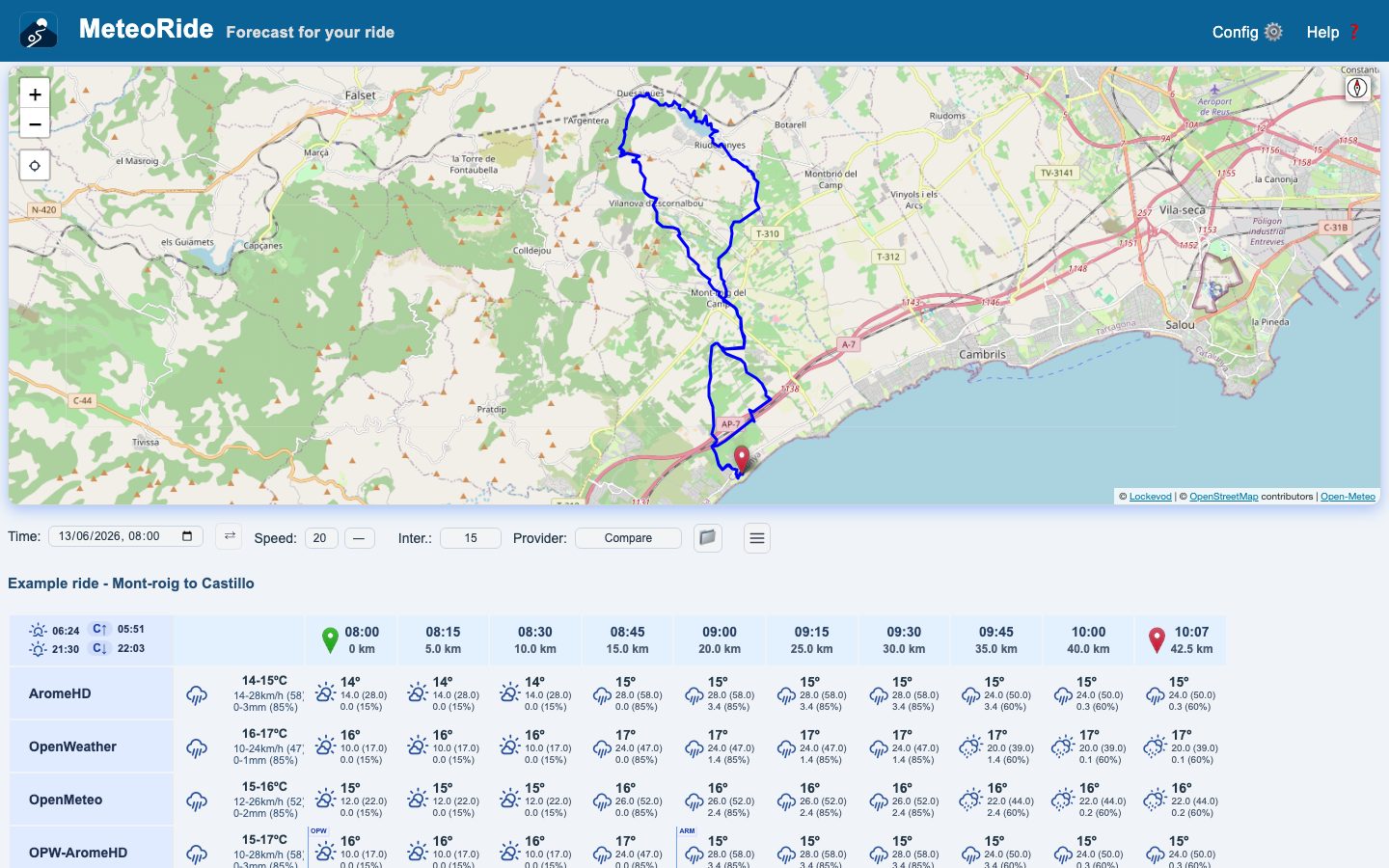 Compare mode on a laptop: several providers for the same route