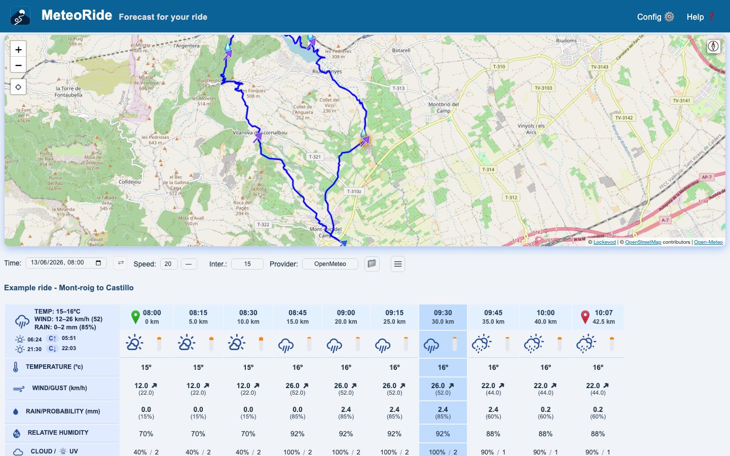 The route map with the weather on a laptop