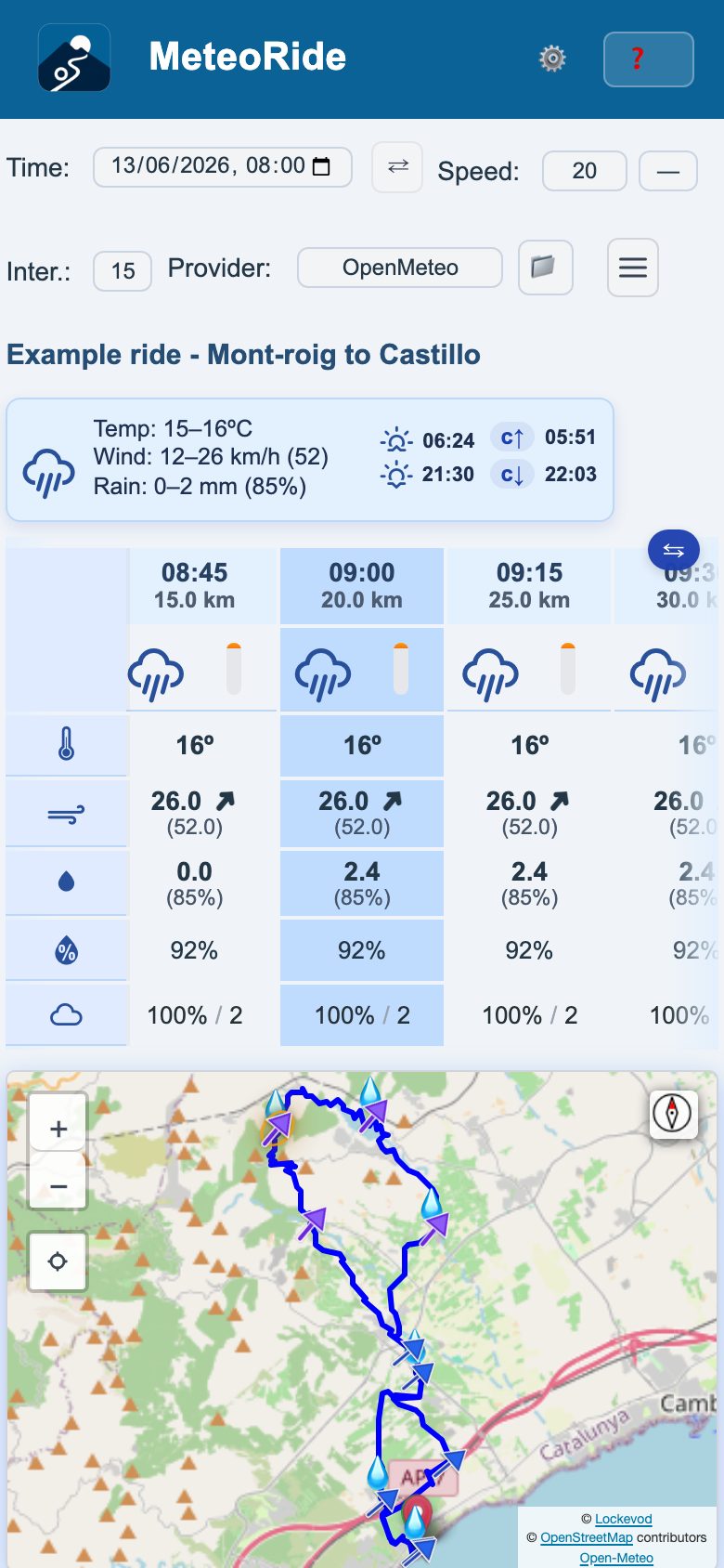 MeteoRide on a phone: the weather table for a route