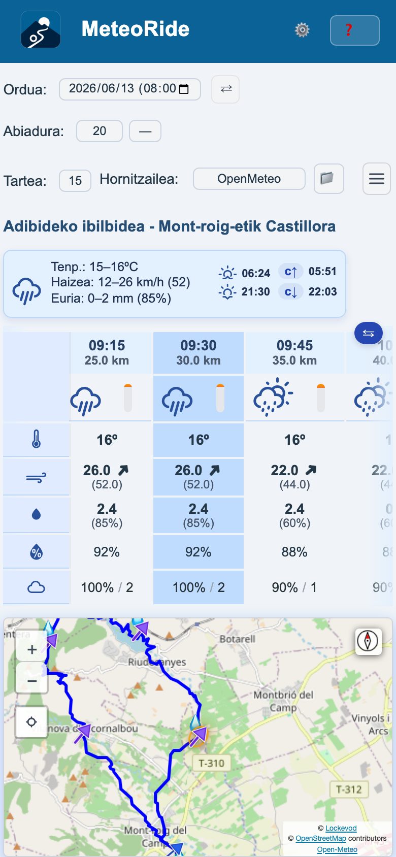 Ibilbidearen mapa telefono batean, haize-geziekin eta euri-tantekin