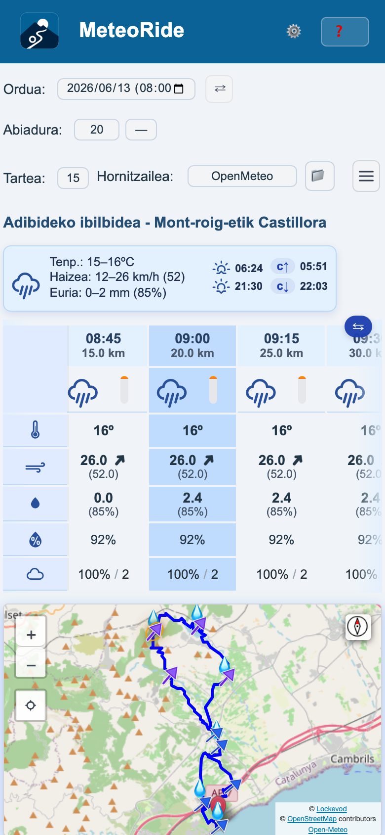 MeteoRide telefono batean: ibilbide baten eguraldi-taula