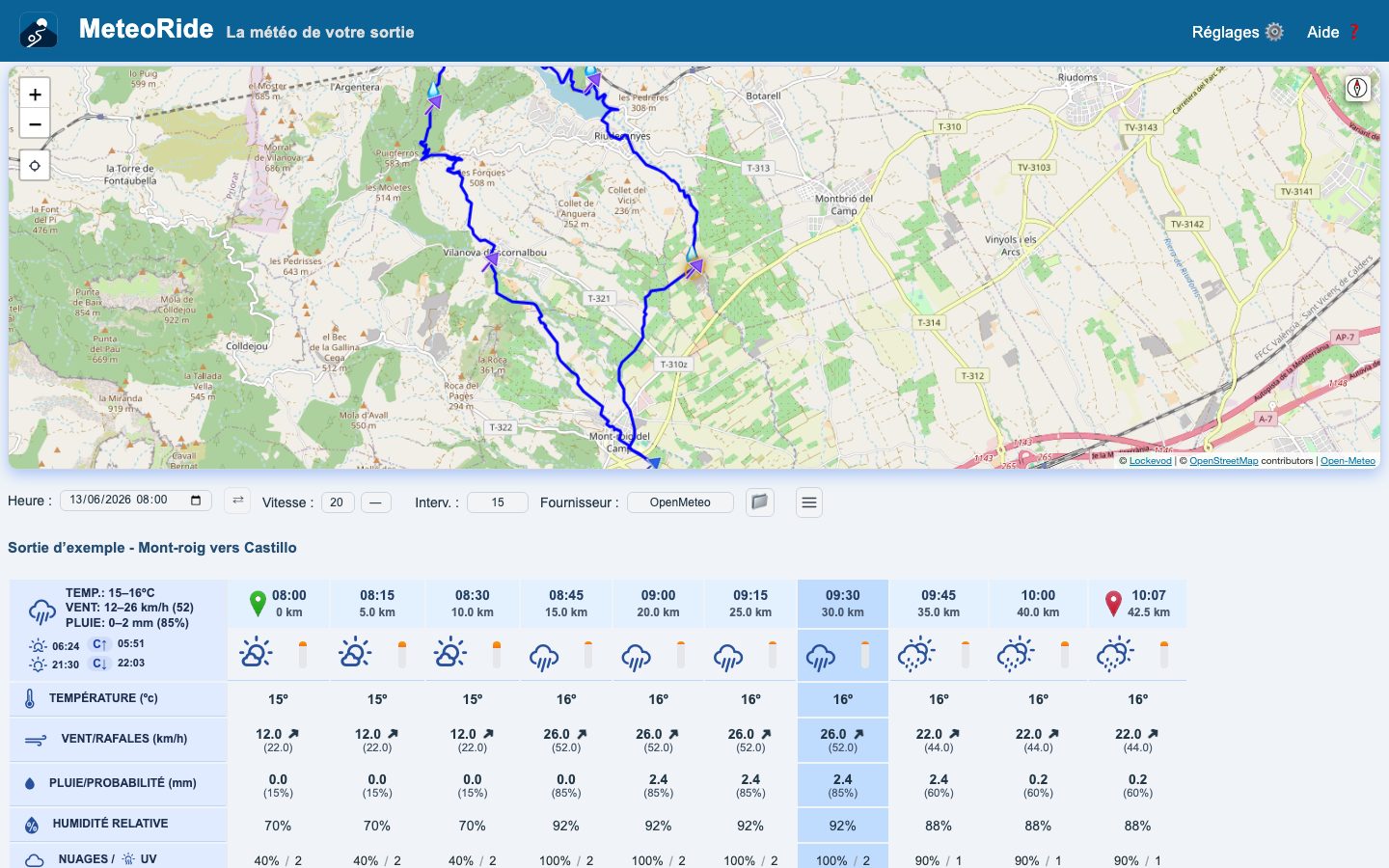 La carte du parcours avec la météo sur un ordinateur portable