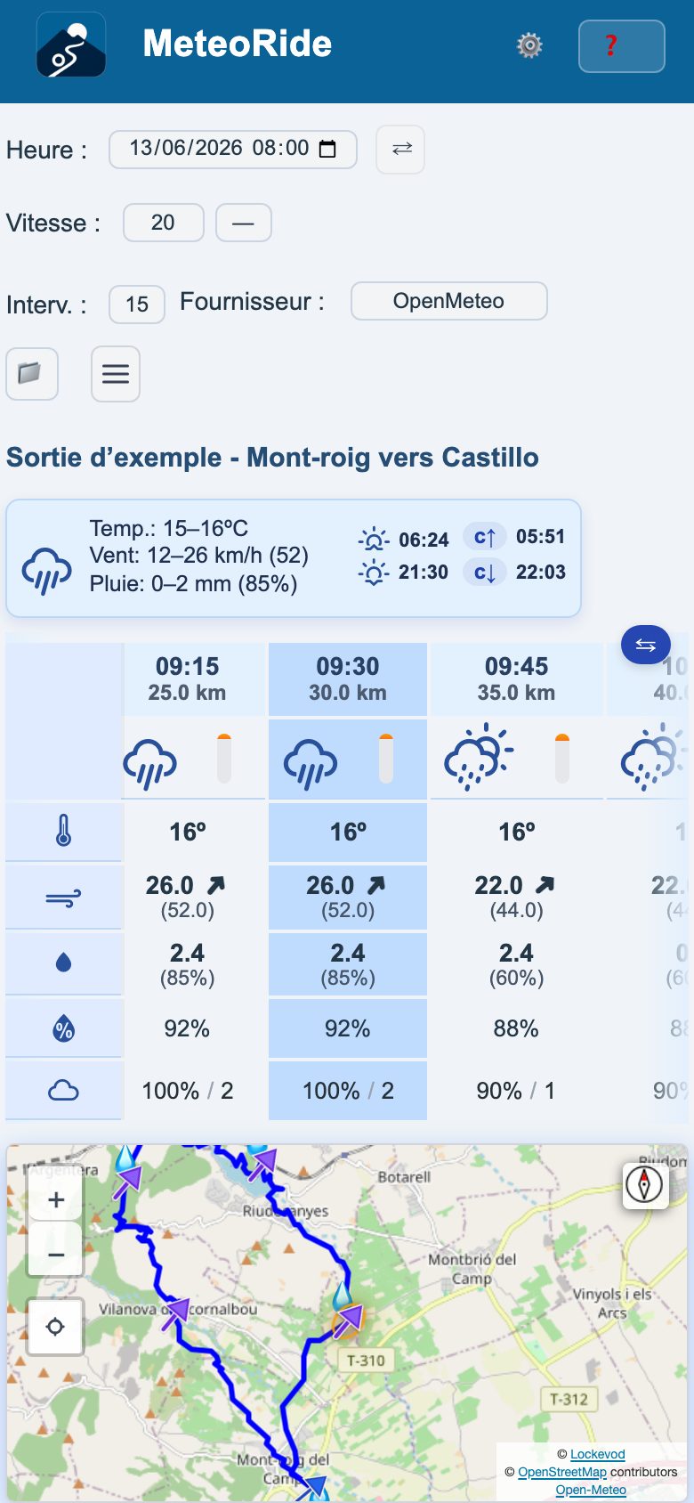 La carte du parcours sur un téléphone, avec flèches de vent et gouttes de pluie