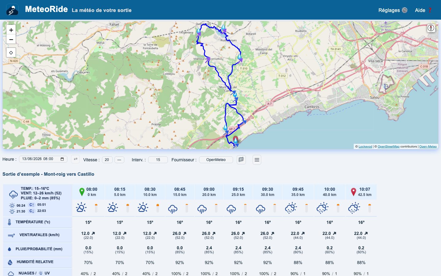 MeteoRide sur un ordinateur portable : un parcours sur la carte et le tableau météo de chaque tronçon
