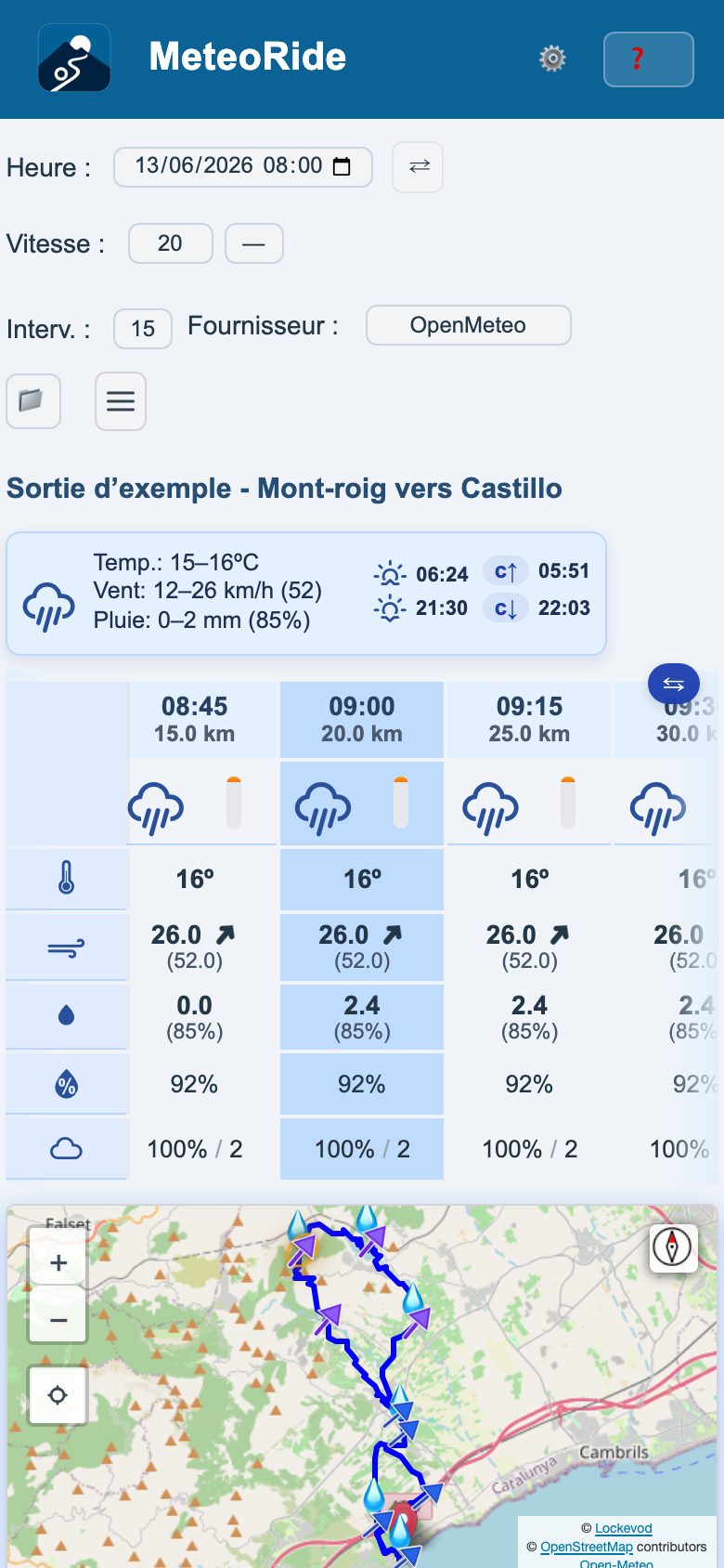 MeteoRide sur un téléphone : le tableau météo d'un parcours