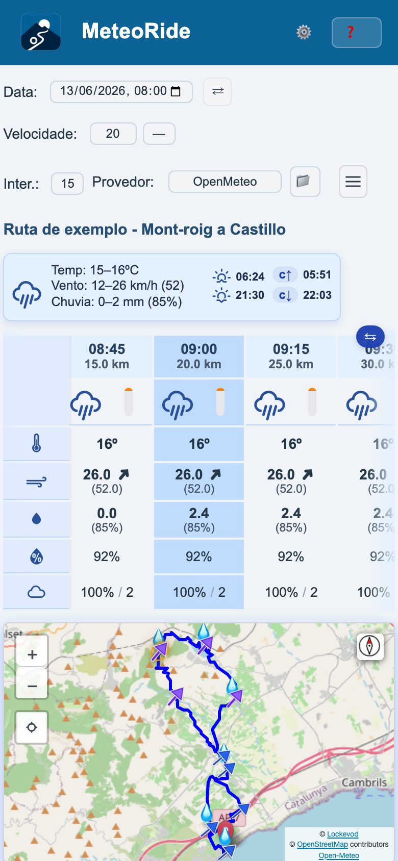 MeteoRide nun móbil: a táboa do tempo dunha ruta
