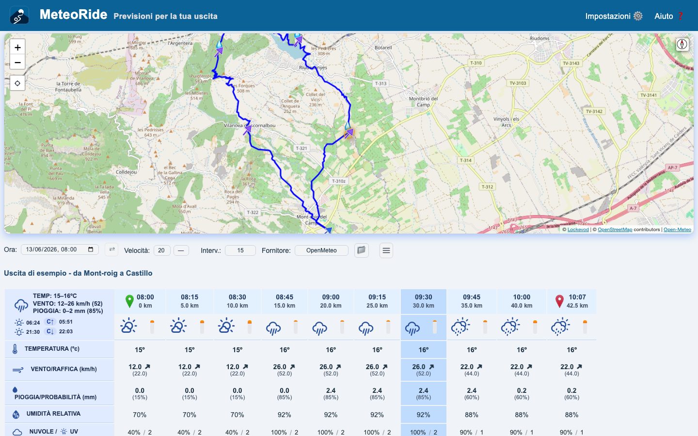 La mappa del percorso con il meteo su un portatile