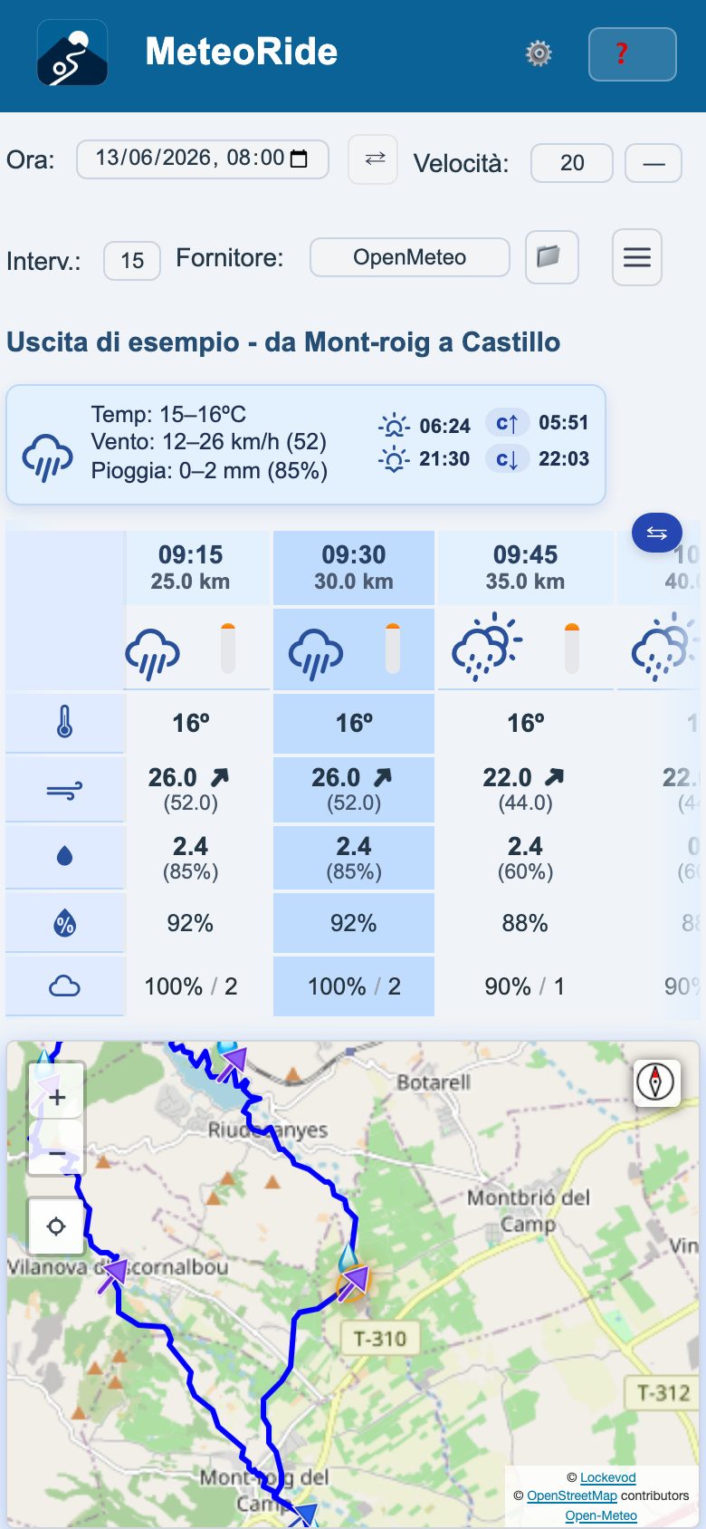 La mappa del percorso su un telefono, con frecce del vento e gocce di pioggia
