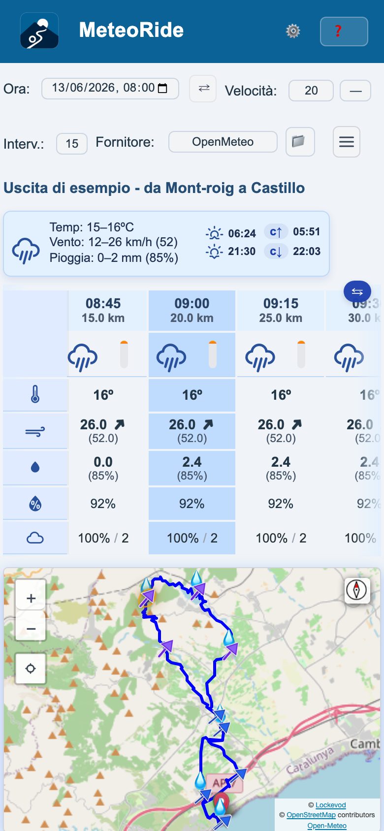 MeteoRide su un telefono: la tabella meteo di un percorso