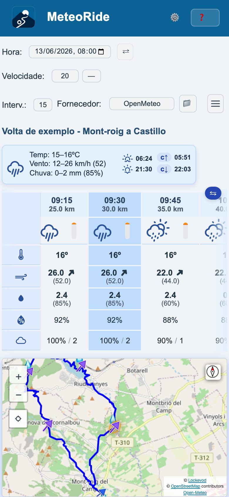 O mapa do percurso num telemóvel, com setas de vento e gotas de chuva
