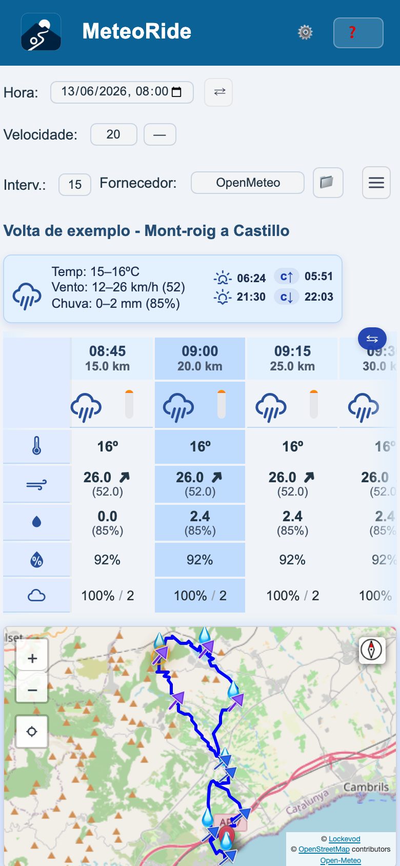 O MeteoRide num telemóvel: a tabela do tempo de um percurso