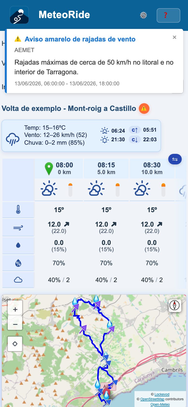 Um aviso meteorológico oficial na app, num telemóvel
